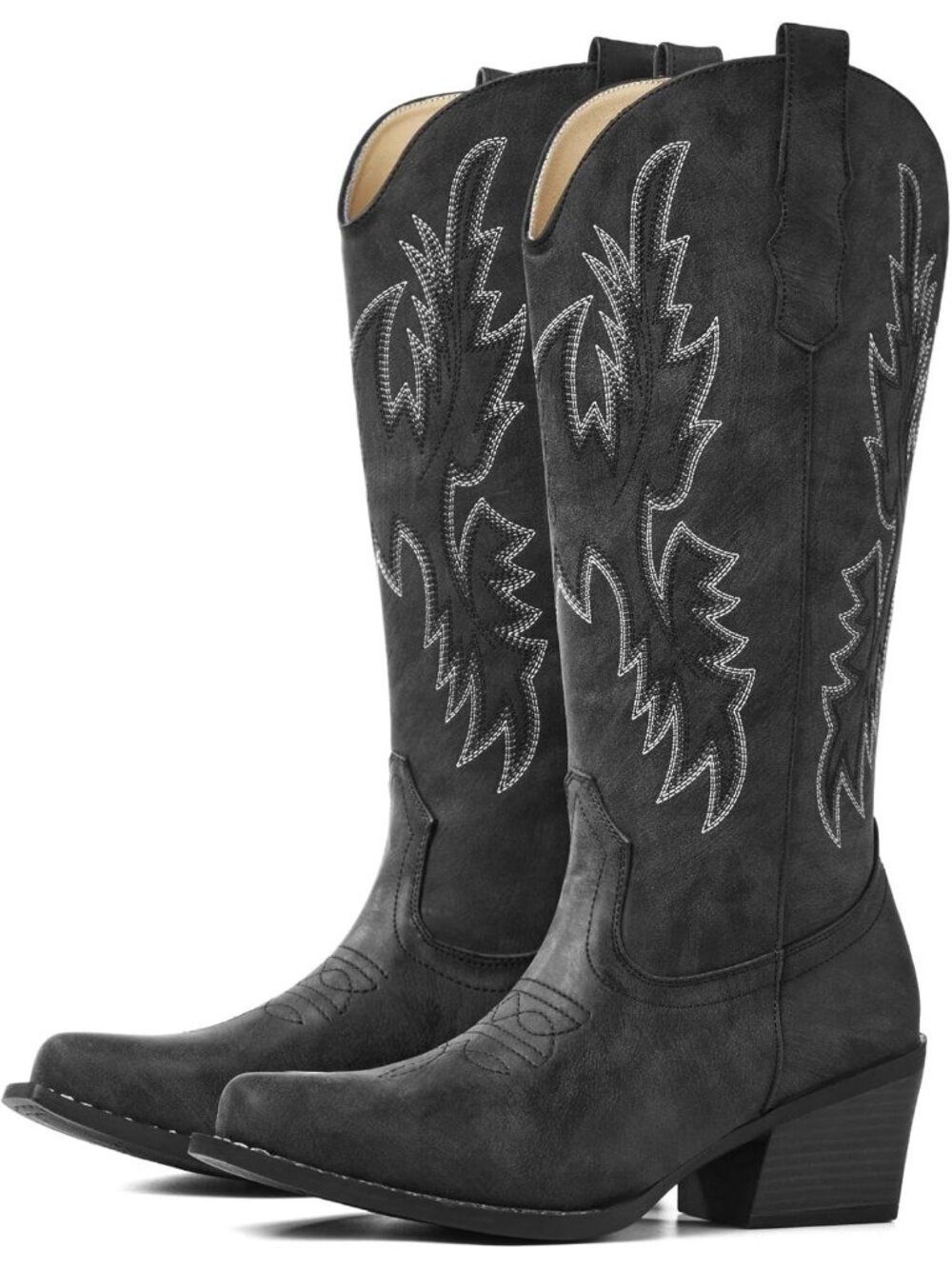 Women's Black Embroidered Snip Toe Mid Calf Stable Chunky Heels Western Boots - Picture 1 of 6